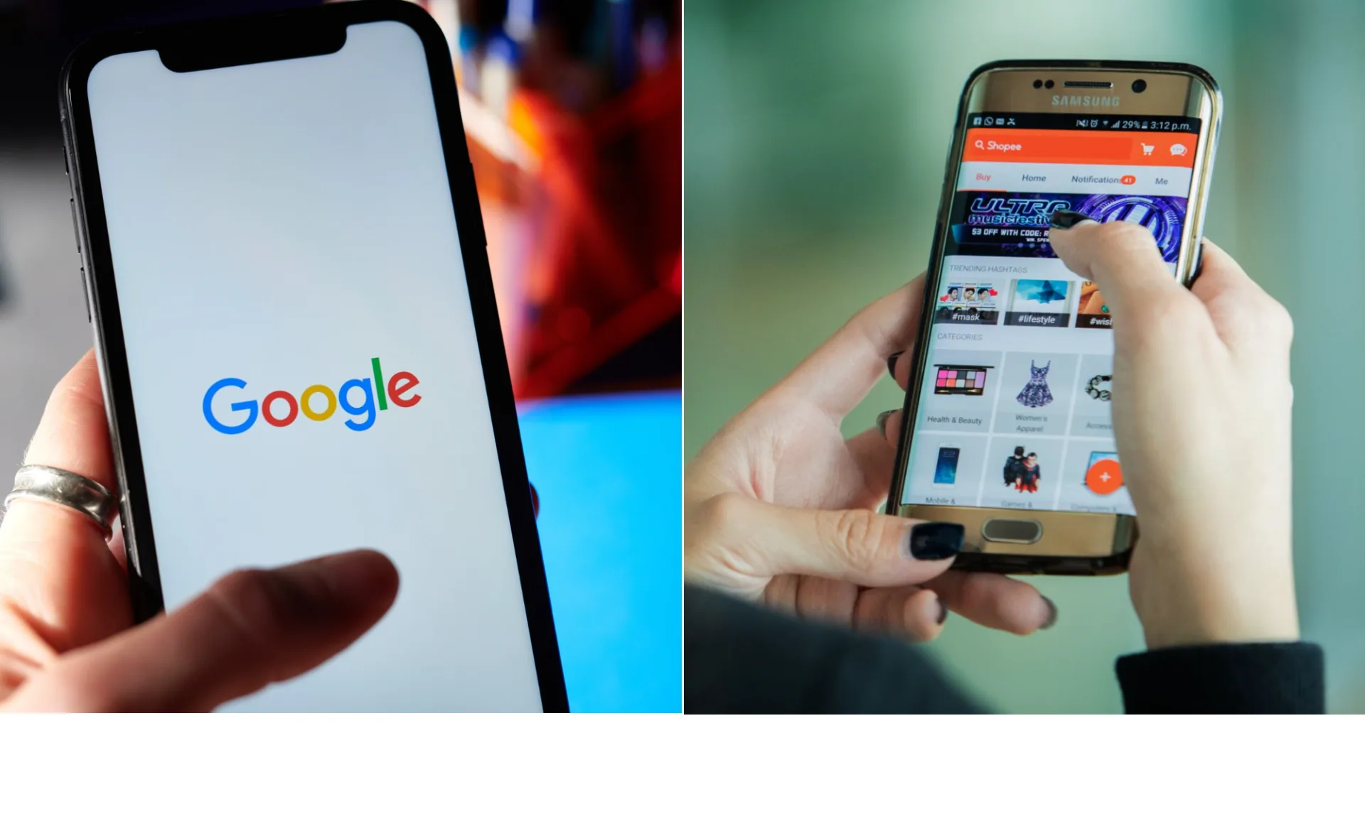 Logotipos do Google e da Shopee lado a lado, simbolizando a parceria para desenvolvimento de inteligência artificial em e-commerce e jogos.