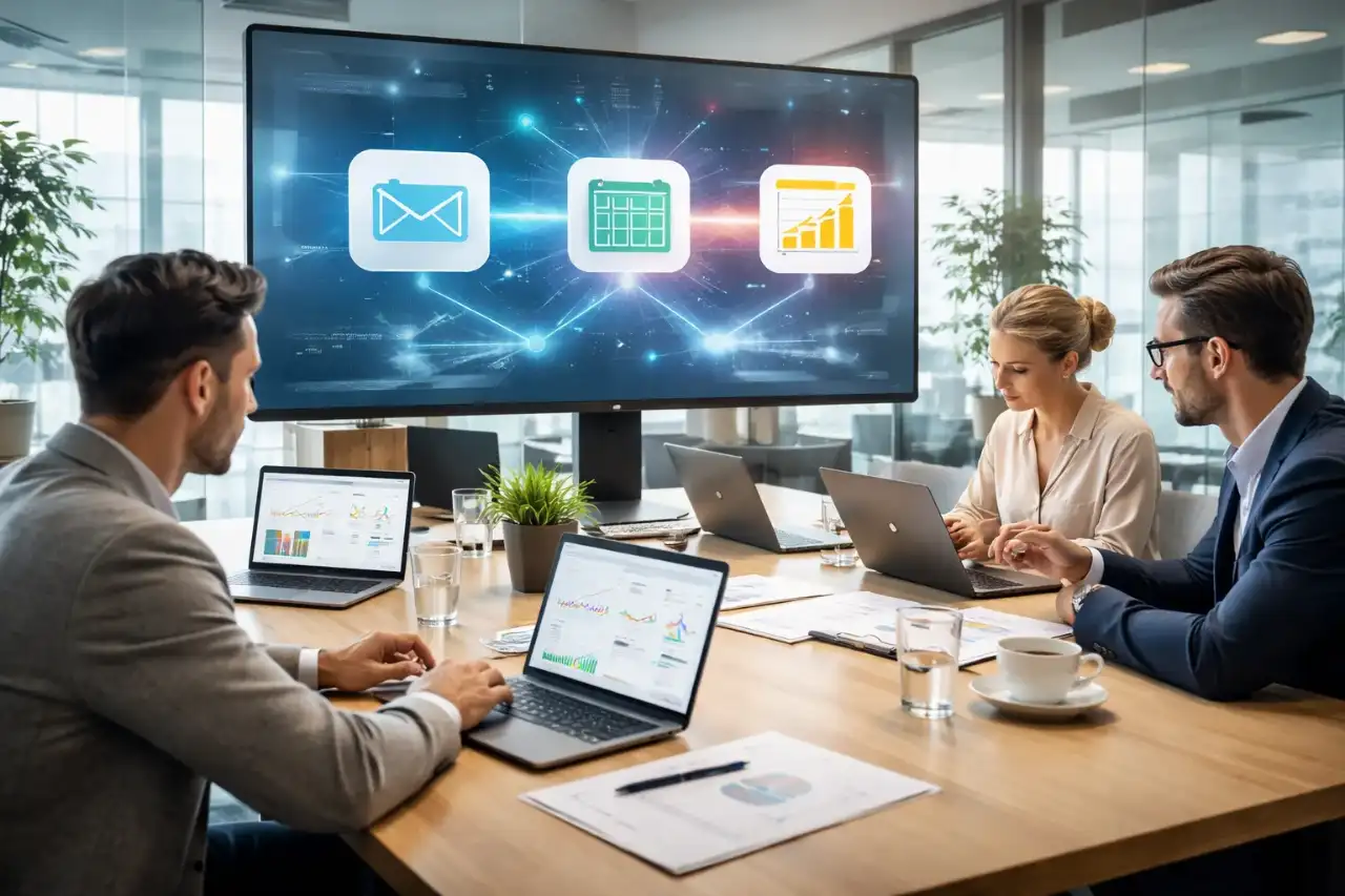 Executivos em uma sala de reuniões, analisando dados complexos apresentados em telas interativas e gráficos, simbolizando a tomada de decisões com IA.