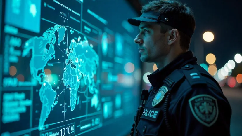 Close-up do olho humano com um padrão de rede digital sobreposto, simbolizando vigilância por reconhecimento facial e uso de dados.