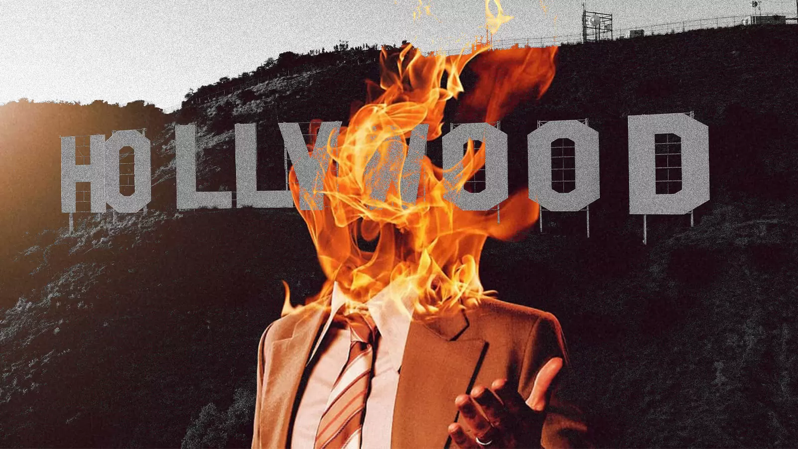 Imagem conceitual de um robô ou IA editando um filme em uma tela de computador, com elementos de Hollywood ao fundo.