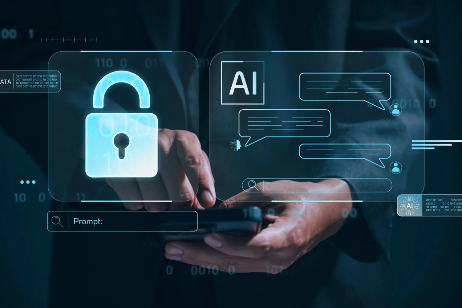 Cérebro em neon azul e rosa com fios de dados, simbolizando a complexidade da inteligência artificial e a privacidade.