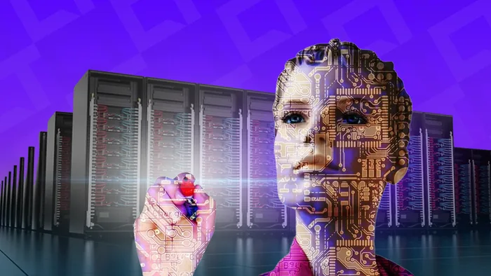 Representação visual abstrata de uma rede neural ou modelo de inteligência artificial em processo de inferência, com conexões e pontos luminosos.