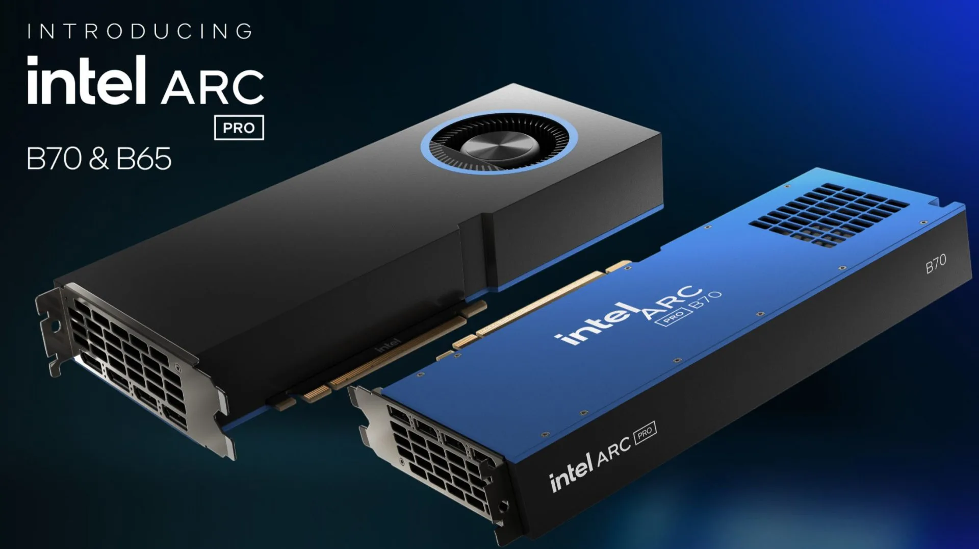 Duas placas de vídeo Intel Arc Pro Battlemage com iluminação futurista