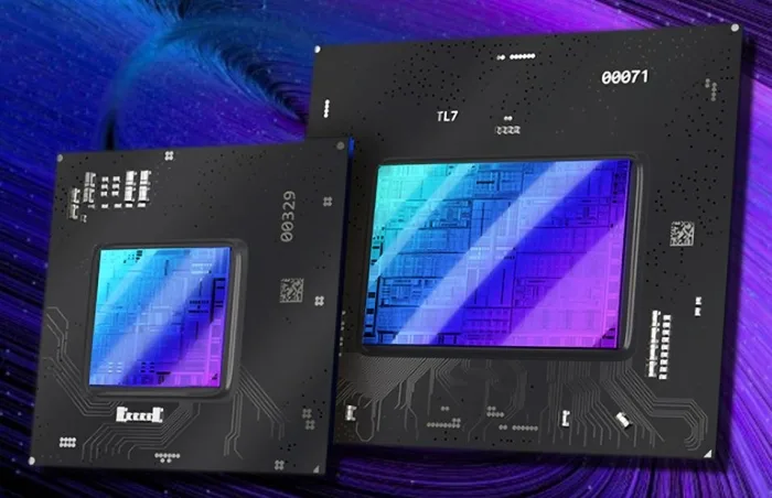 Representação digital de um chip de processador gráfico (GPU) da Intel com detalhes azuis.
