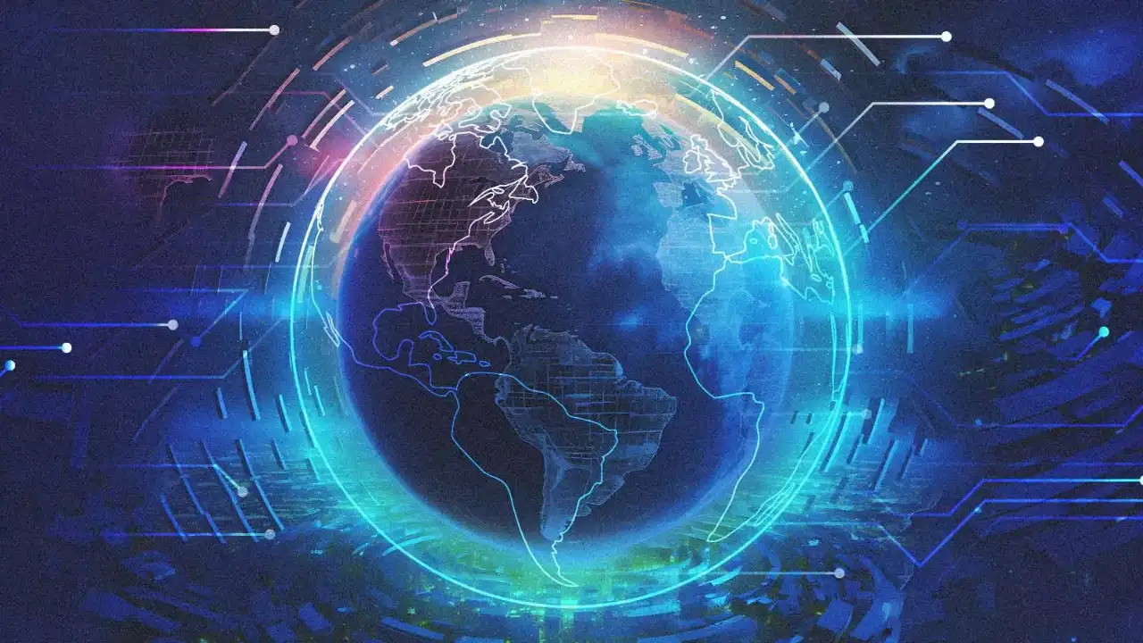 Cabo de rede conectado a um globo terrestre iluminado, simbolizando a internet e a conectividade global.