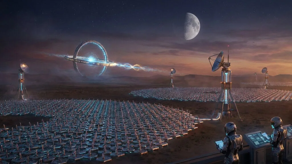 Representação artística do Anel Luna ao redor da Lua, com painéis solares capturando energia e feixes de laser sendo direcionados para a Terra