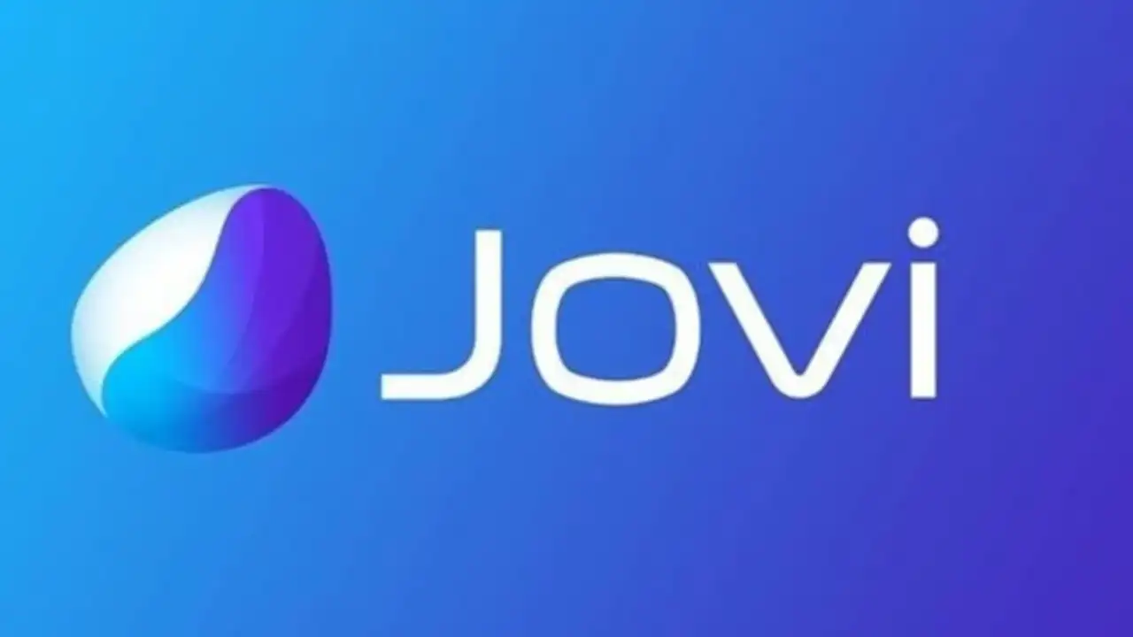 Logotipo da Jovi com fundo escuro, representando a marca de tecnologia.