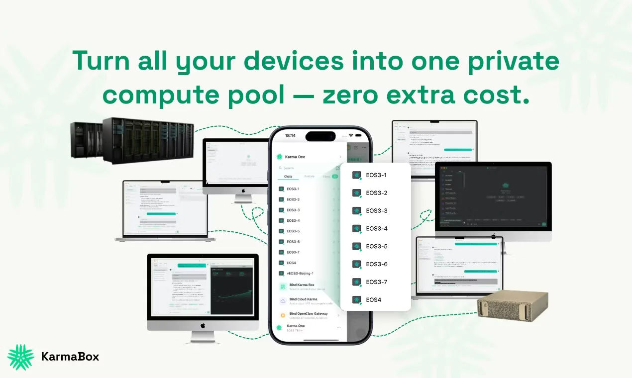 Close-up de um protótipo de dispositivo compacto, com luzes azuis e verdes, que pode ser o KarmaBox, com o logo da Anthropic Claude estilizado no canto.
