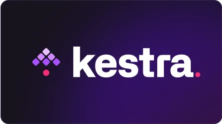 Logotipo da Kestra com um ícone estilizado de engrenagem, simbolizando orquestração e tecnologia. Fundo desfocado com elementos digitais.