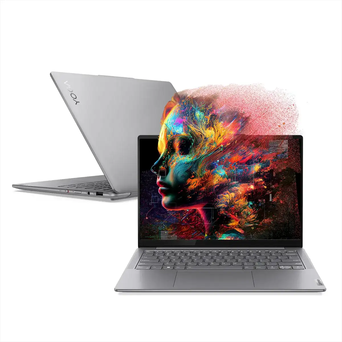 Notebook Lenovo Yoga Slim 7i aberto, com a tela exibindo um código de programação e a iluminação do teclado retroiluminado visível, sobre uma mesa moderna.