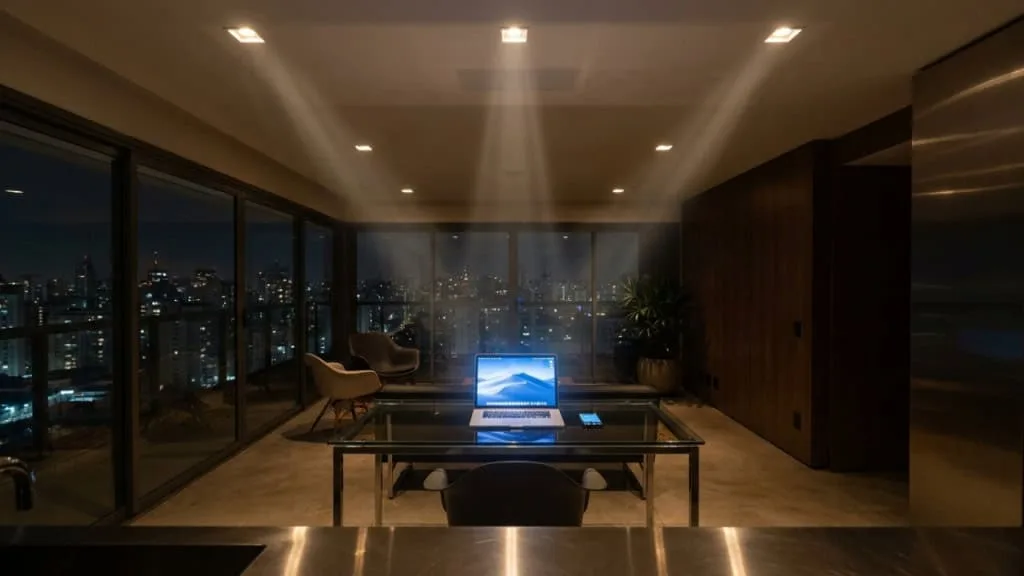 Lâmpadas com tecnologia LiFi em um ambiente conectado, representando a internet por luz substituindo ou complementando o Wi-Fi tradicional
