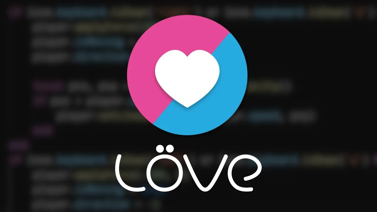 Logotipo da LÖVE Framework com um coração estilizado e uma codificação abstrata ao fundo.