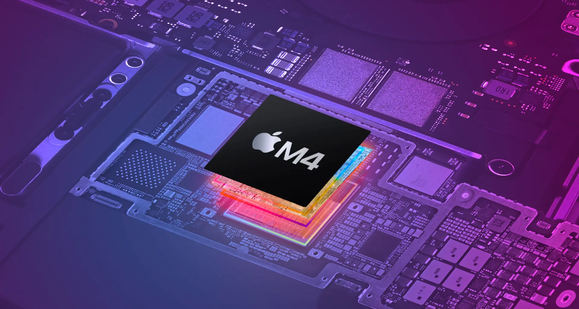 Um MacBook Pro M4 com um terminal exibindo código, simulando a execução de modelos de IA local. Fundo com gráficos de rede neural.