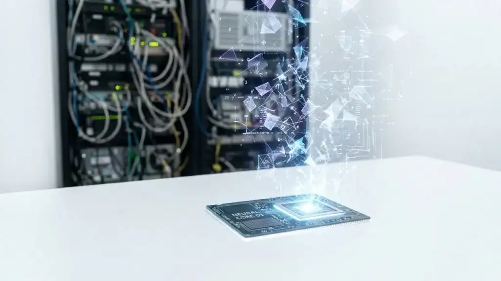 Close-up de um microchip brilhante refletindo códigos, simbolizando a otimização de algoritmos inteligentes e a eficiência de hardware.