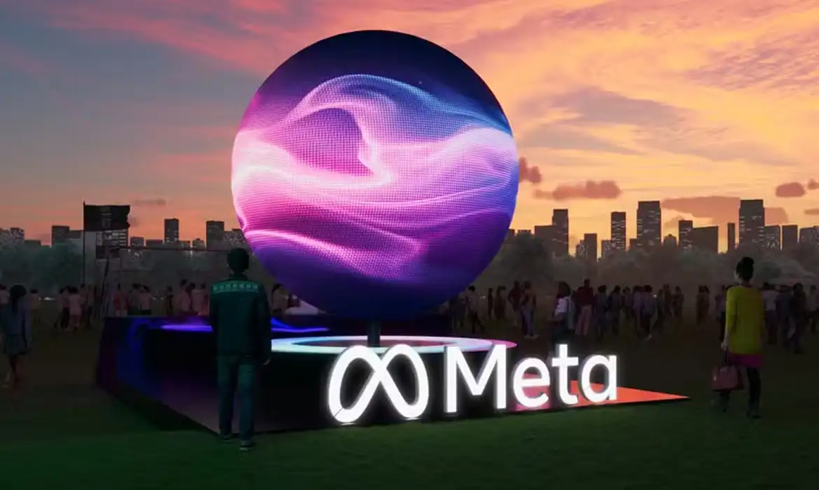 Logotipo da Meta com o símbolo do infinito, simbolizando sua incursão no metaverso e inteligência artificial, em um fundo de circuito eletrônico.