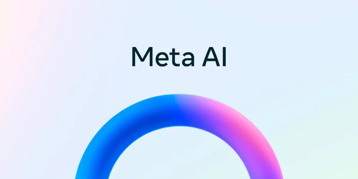 Logotipo da Meta exibido em uma tela digital, com ícones de plataformas sociais ao redor, simbolizando a ligação entre a empresa e a IA.