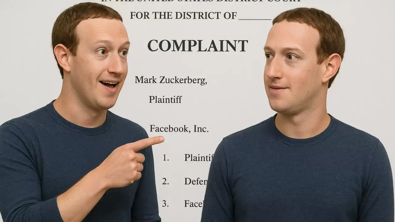 Imagem de Mark Zuckerberg ao lado de uma representação de IA ou de um holograma, simbolizando a criação de sua versão digital
