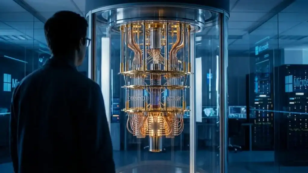 Pesquisador observando um sistema de computador quântico em um laboratório moderno com iluminação azul.