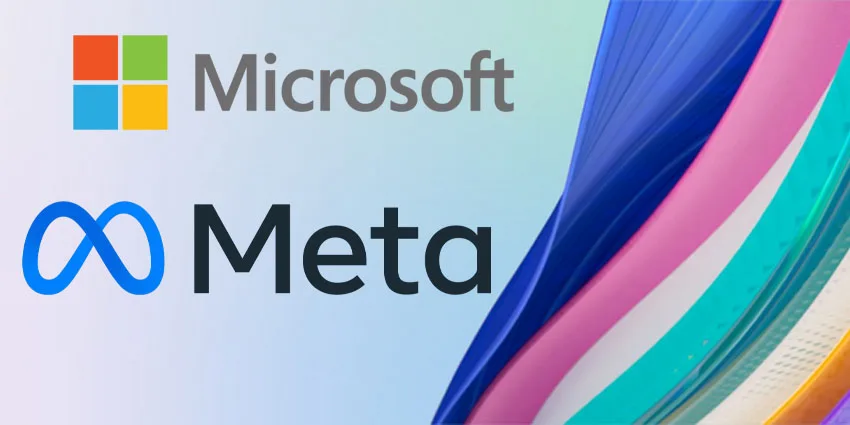 Logos da Microsoft e da Meta em um fundo digital, simbolizando inteligência artificial e reestruturação corporativa.