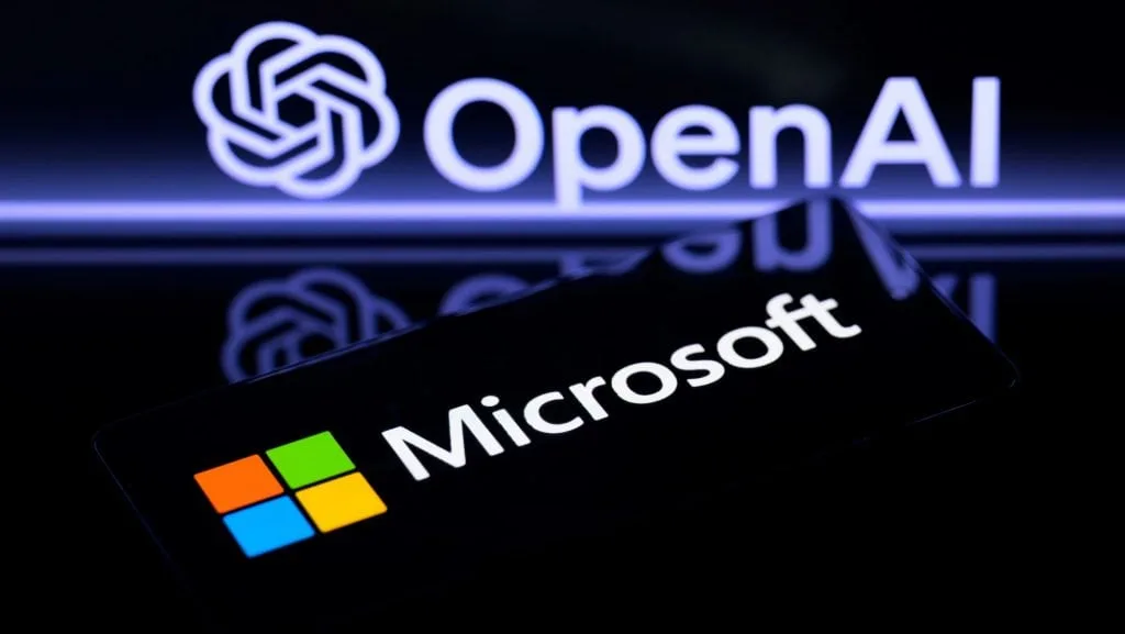 Logotipos da Microsoft e OpenAI, com uma linha tênue entre eles, simbolizando a parceria e a tensão estratégica.