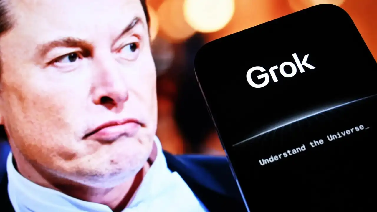 Logotipo do Grok AI com a silhueta de Elon Musk ao fundo, simbolizando a ligação entre o CEO e sua iniciativa de IA.