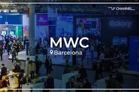 Imagem ilustrativa da MWC com logotipos de grandes empresas de tecnologia e elementos de inteligência artificial.