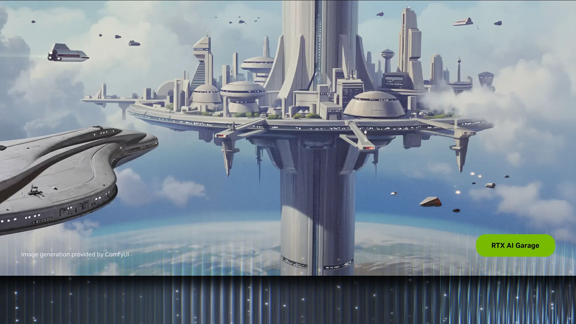 Logo da NVIDIA com um chip gráfico e representação visual de vídeos sendo gerados por IA.