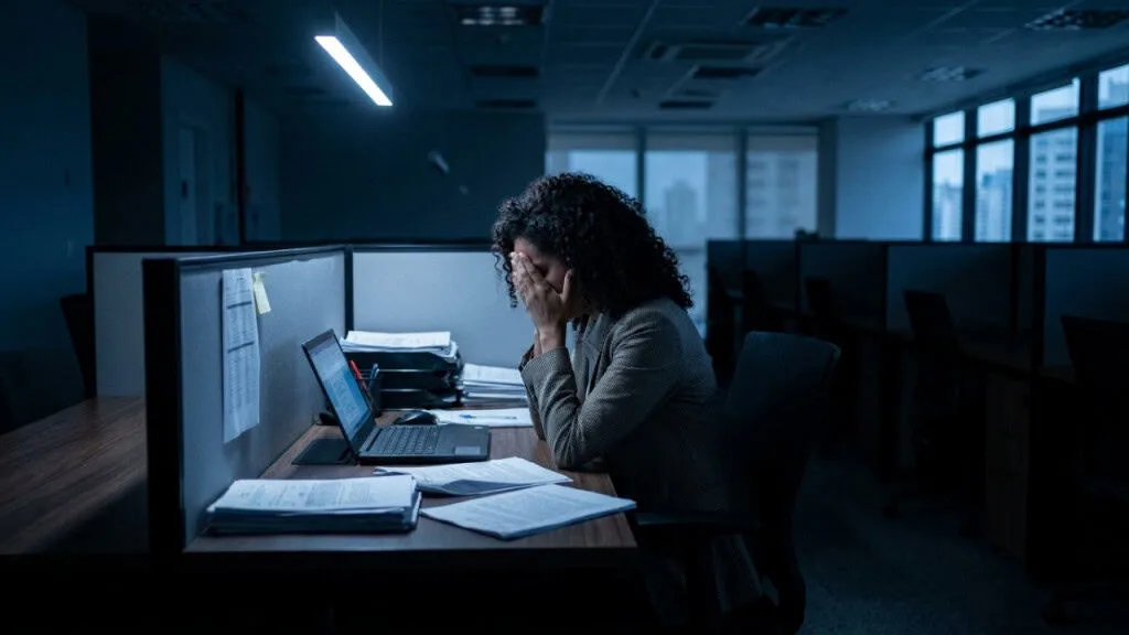 Profissionais priorizam a saúde mental e o propósito acima de remunerações financeiras elevadas, imagem gerada por inteligência artificial, destacando a complexidade do mundo corporativo moderno com foco em tecnologia e pessoas.