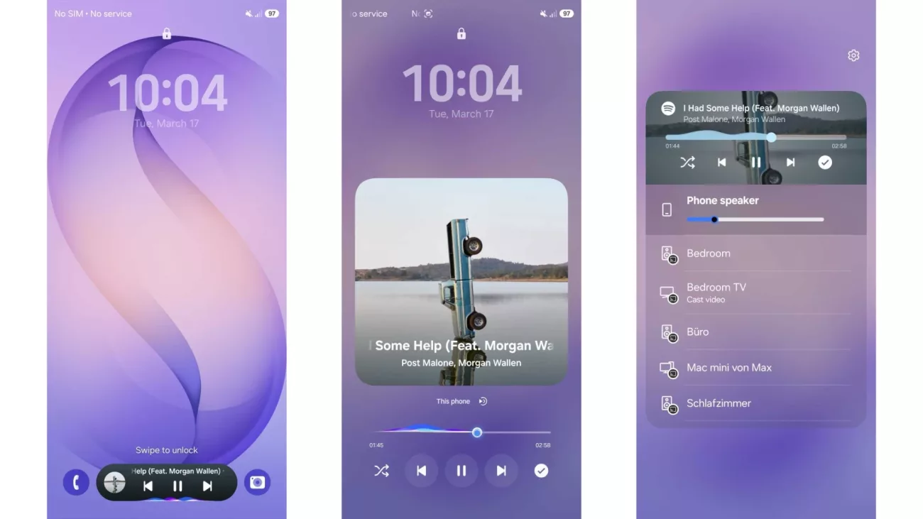Interface do Media Player da Samsung One UI 9 com mudança de cores dinâmica baseada na arte do álbum