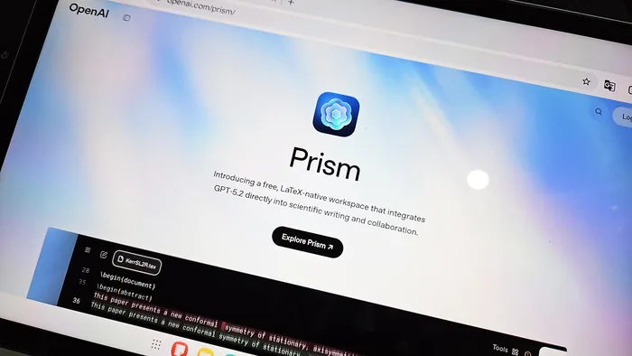 Ilustração do logo do OpenAI Prism, combinando elementos de ciência e inteligência artificial para pesquisa.
