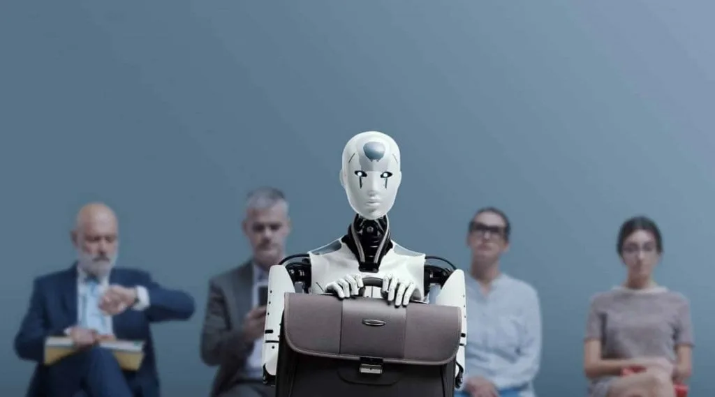 Robô com pasta à frente de pessoas em fila, simbolizando o impacto da IA no emprego e as propostas da OpenAI para o mercado de trabalho.