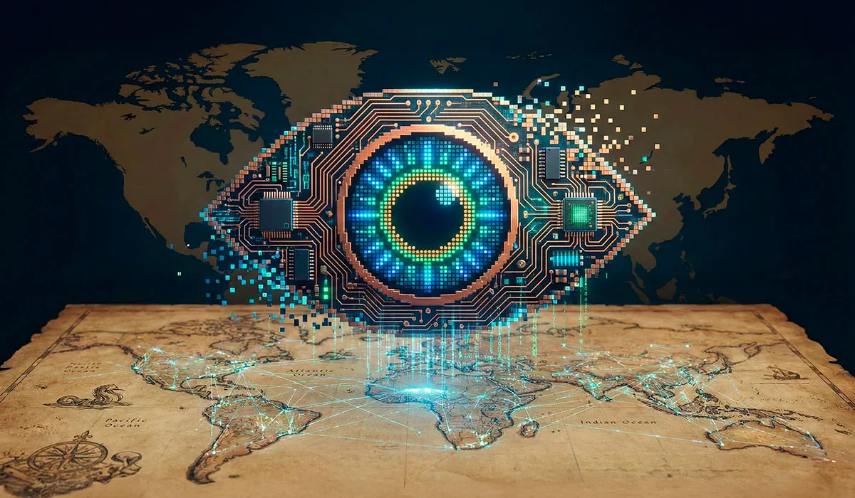 Ilustração de um rosto com dados digitais flutuantes ao redor, representando um perfil sombra criado por IA.