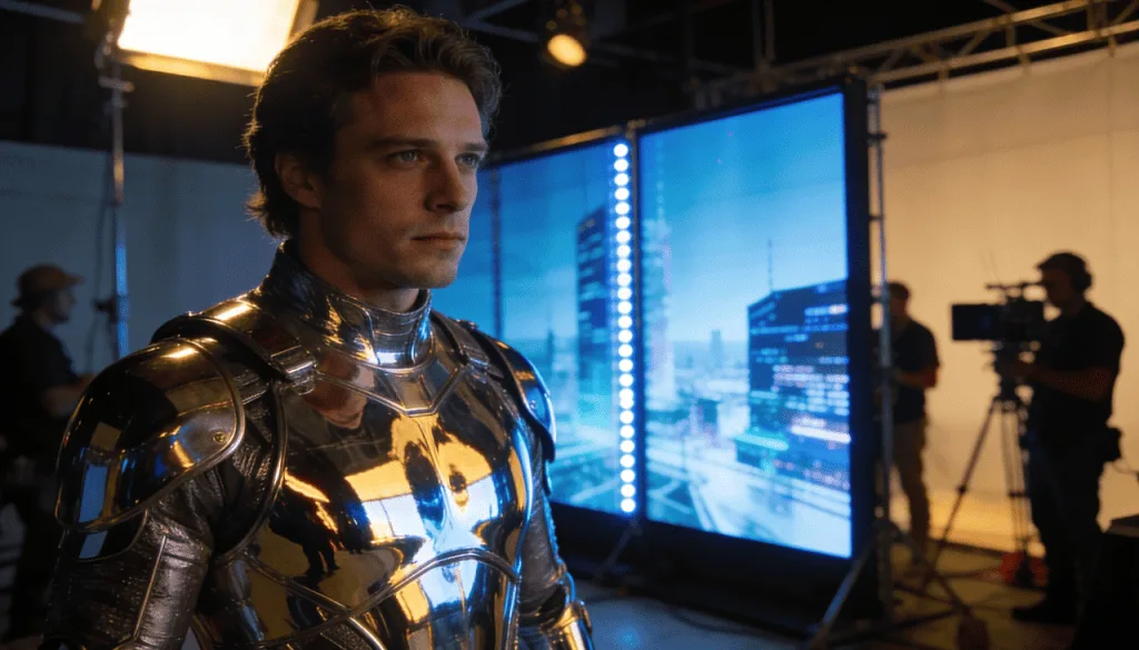 Ator em figurino no set de produção virtual StageCraft. Telas LED exibem cenário digital, revolucionando o cinema e os efeitos visuais.