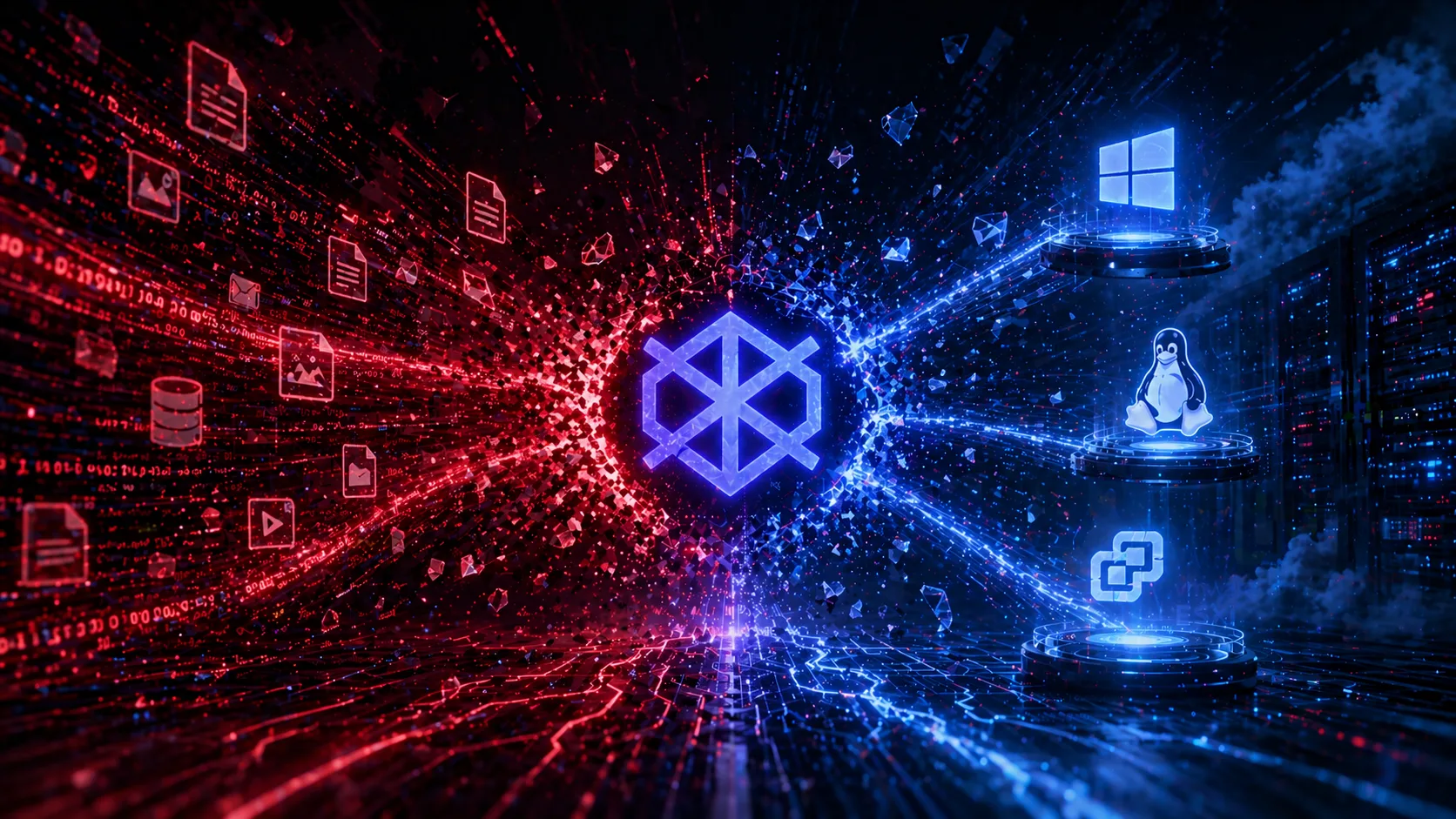 Cadeados digitais e cadeados físicos interligados, simbolizando a segurança da informação e a fragilidade diante de ataques de ransomware. Ao fundo, linhas de código em um ambiente escuro.