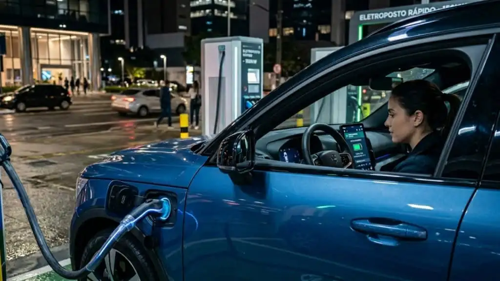 Imagem gerada por IA mostrando um carro elétrico conectado a um carregador, com gráficos e indicadores digitais ao redor sugerindo tecnologia avançada de recarga e monitoramento da bateria.