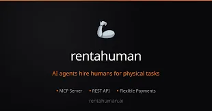 Pessoa segurando um tablet interagindo com uma interface que representa a plataforma RentAHuman.ai, simbolizando a colaboração entre IA e humanos.