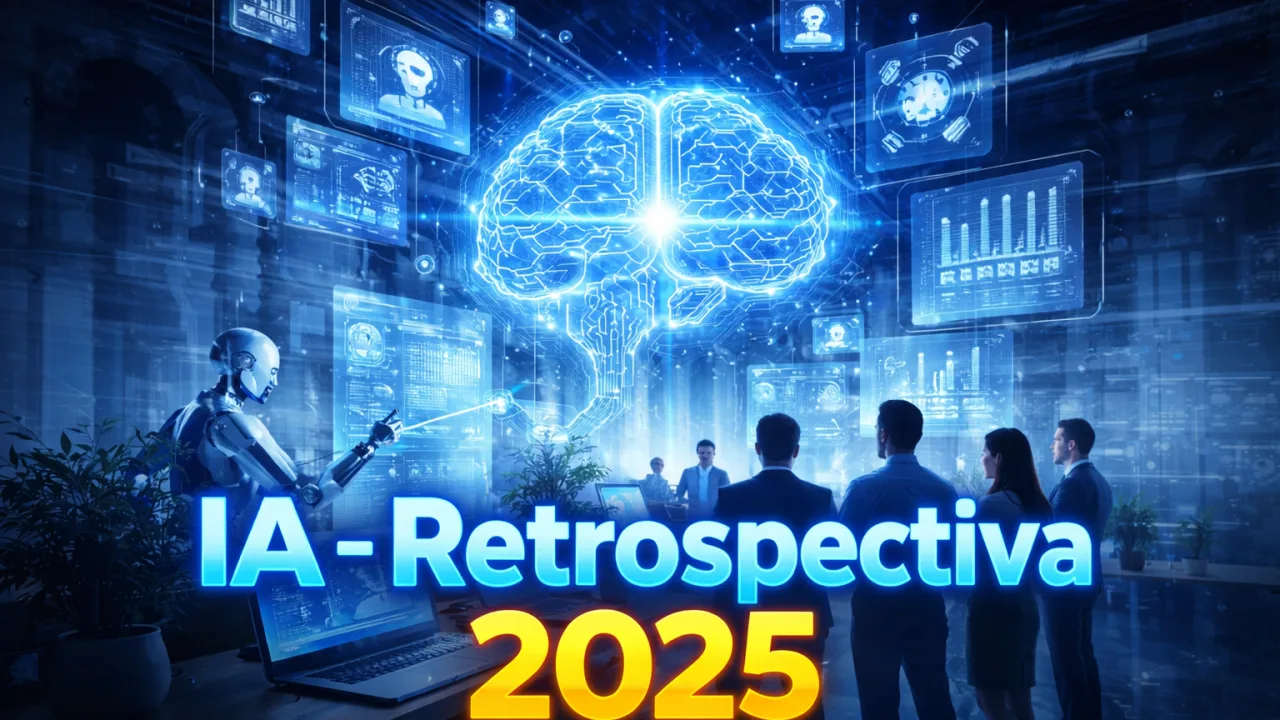 Ilustração futurista de um desenvolvedor trabalhando em frente a várias telas, com ícones de IA, código e engrenagens flutuando ao redor, simbolizando a colaboração entre humanos e agentes de IA.