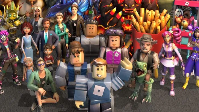 Cena de jogo Roblox com múltiplos personagens com designs variados, ilustrando a diversidade de avatares na plataforma.