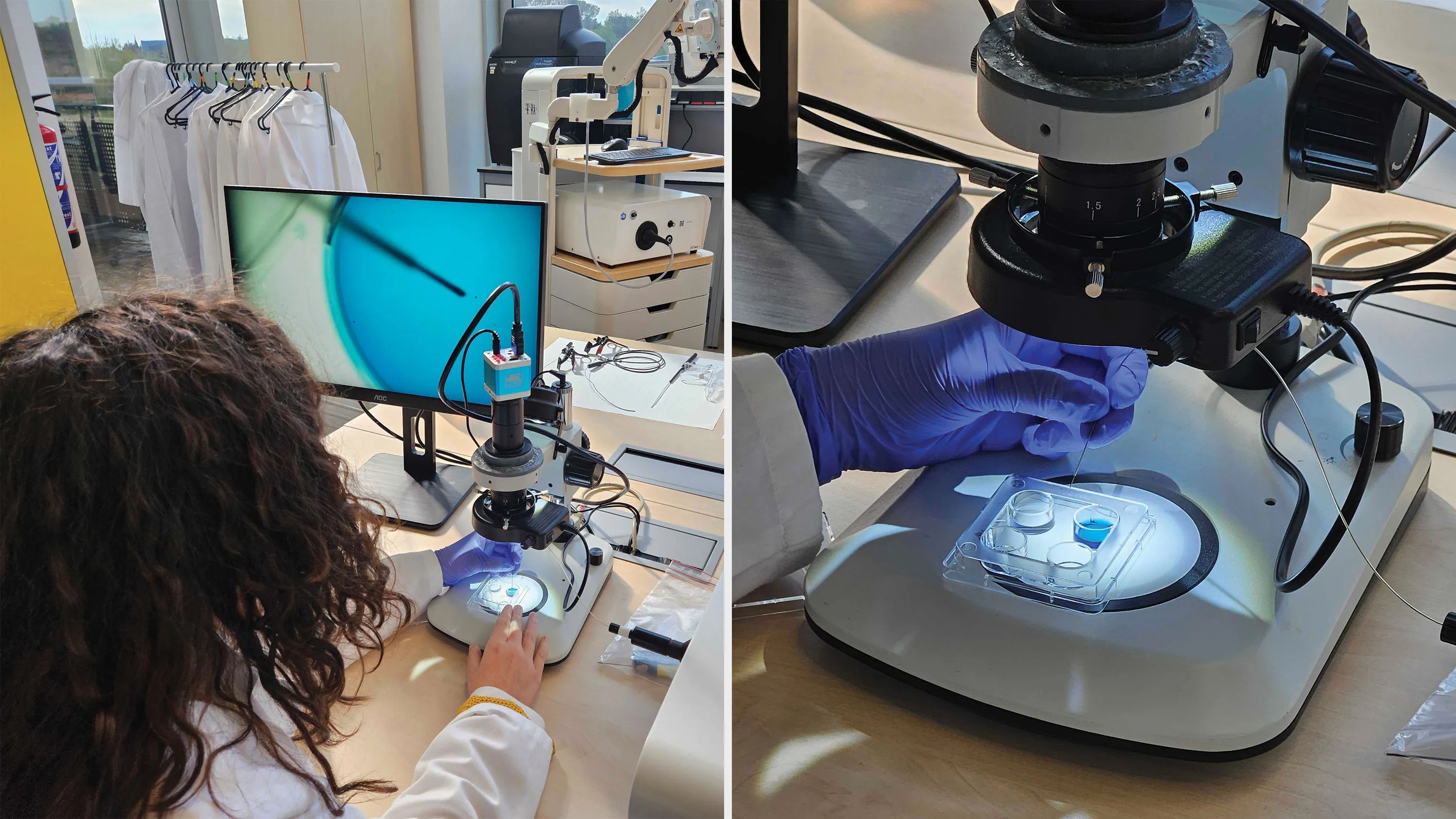 Cientistas em Valência mostrando um dispositivo que injeta embriões diretamente no útero, com microscópios e equipamentos de laboratório ao fundo.