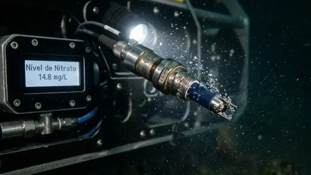 Sonda de sensor eletroquímico subaquática, com luzes azuis, operando no fundo do oceano em ambiente gerado por inteligência artificial.