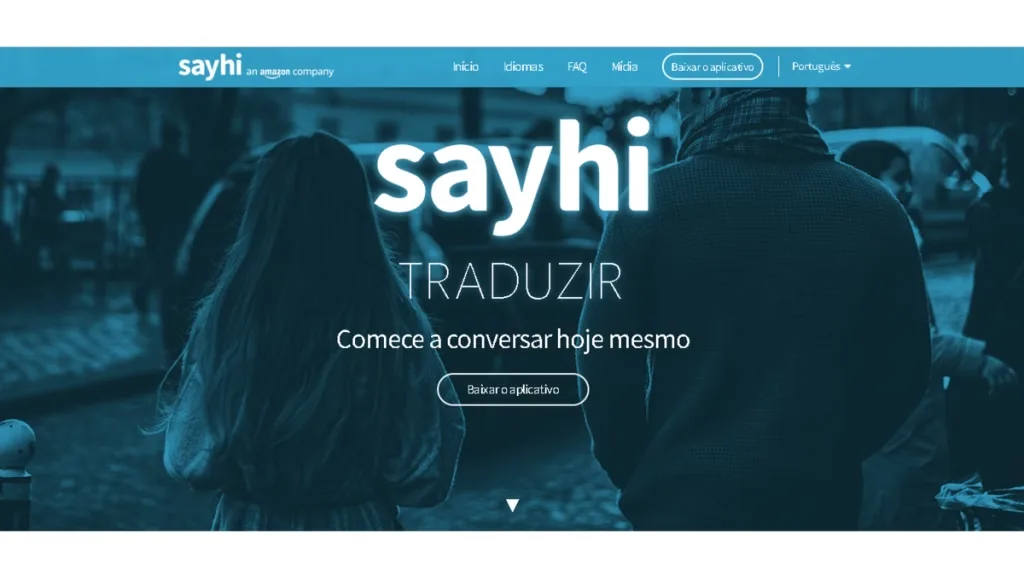 Interface de um aplicativo de tradução de voz em tempo real, com ondas sonoras coloridas e ícones de microfone, representando a fluidez da comunicação entre diferentes idiomas.