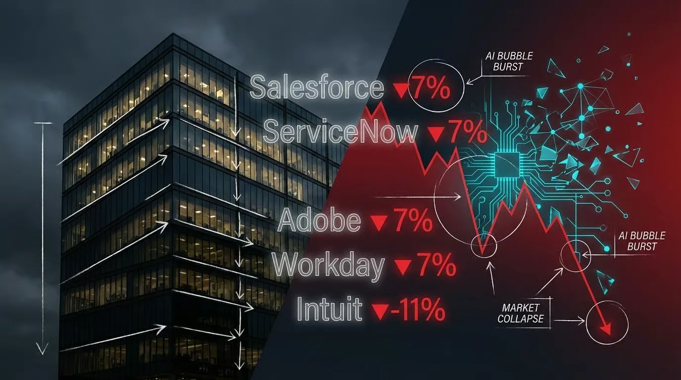 Gráfico mostrando queda no valor das ações de software, com ícones de fusões e IPOs afetados. Foco em desvalorização no setor de tecnologia.