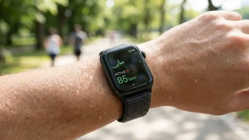 Close-up de um smartwatch com gráficos de saúde na tela, destacando a importância da tecnologia no monitoramento biométrico