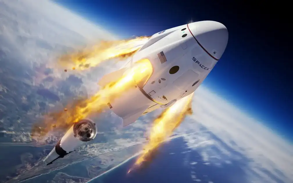 Astronautas da SpaceX em frente a um foguete Falcon 9, simbolizando a inovação e o futuro da exploração espacial e tecnológica.