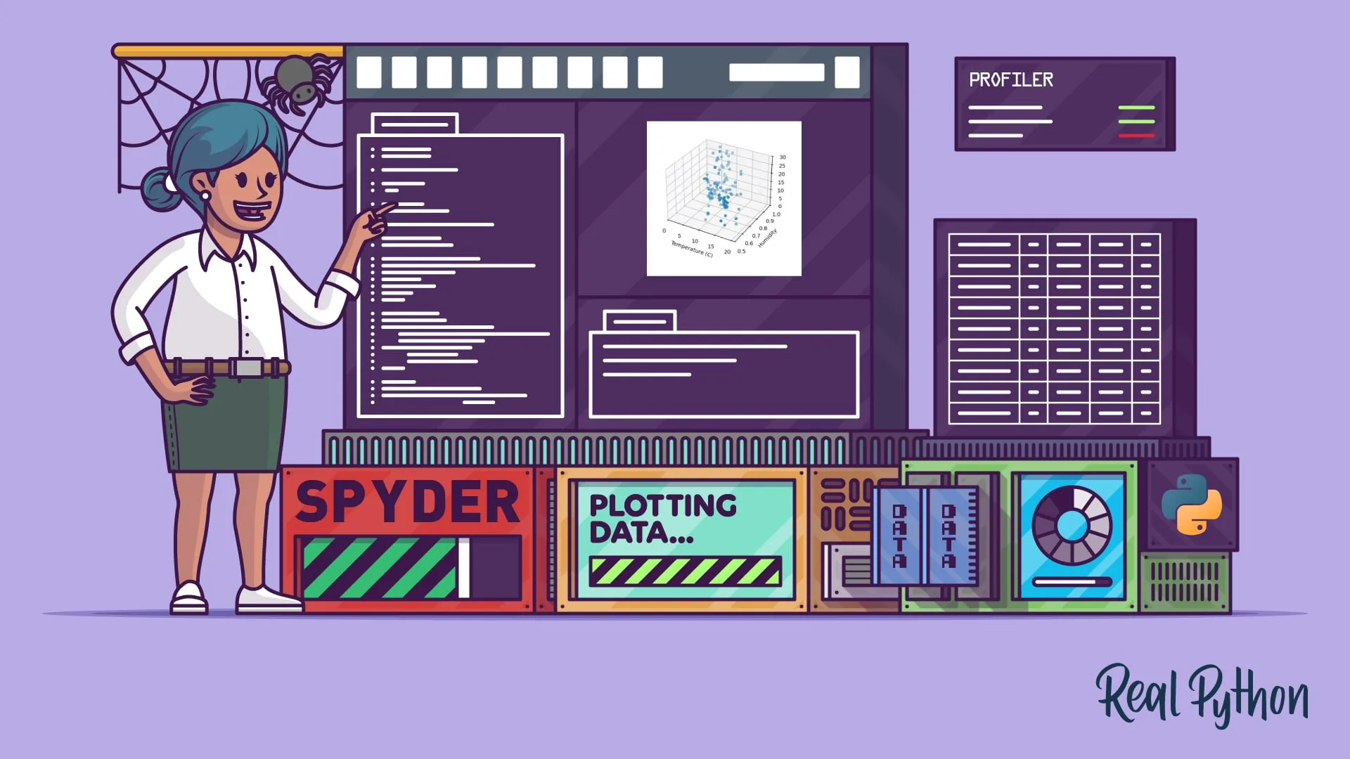 Interface do Spyder IDE exibindo código Python e visualização de dados
