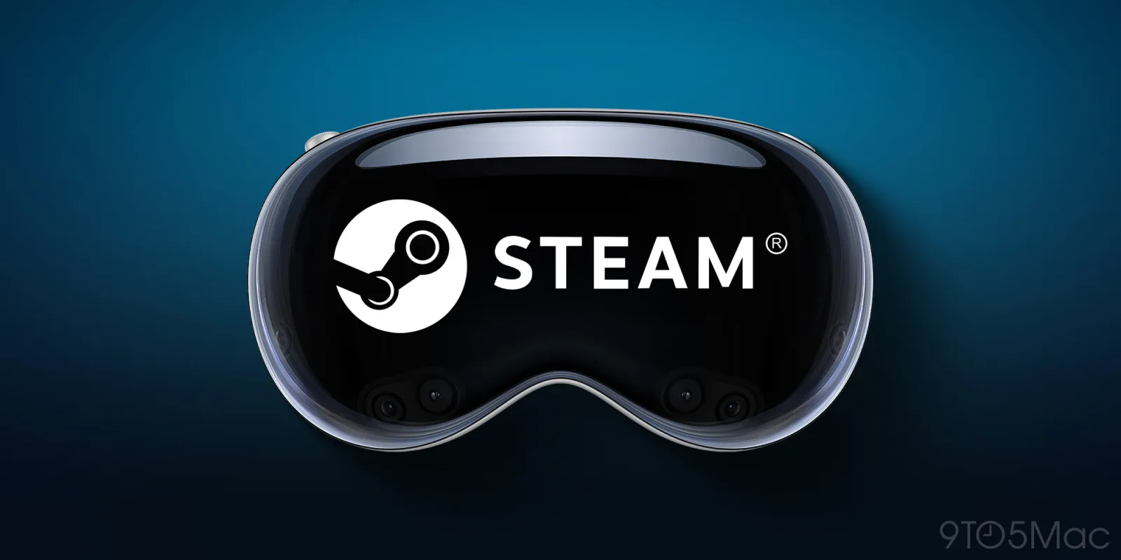 Close-up de uma pessoa usando o Apple Vision Pro, com uma tela de jogo virtual flutuando no ambiente, representando o Steam Link.