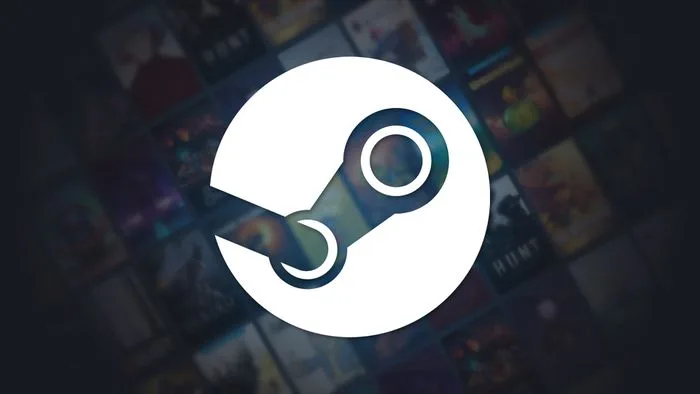 Logotipo do Steam em plano de fundo digital borrado com elementos que remetem a componentes de computador, simbolizando a integração de hardware e software.