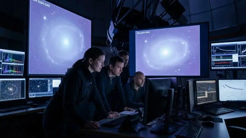 Cientistas usando computadores com gráficos estelares para analisar dados de telescópios, simbolizando a IA na astronomia.