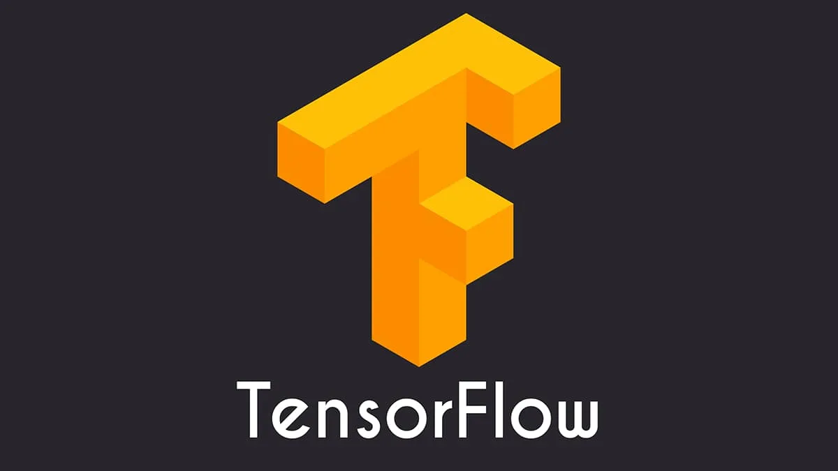 Logo do TensorFlow sobre um fundo tecnológico que representa inteligência artificial e aprendizado de máquina