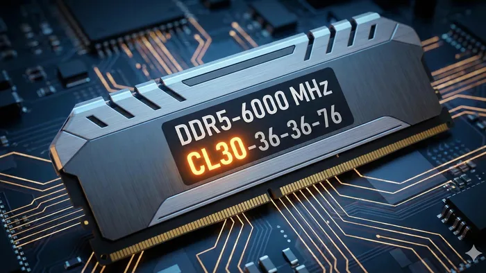 Módulo de memória RAM com seus timings e especificações impressos na etiqueta, destacando a importância dos números de latência.